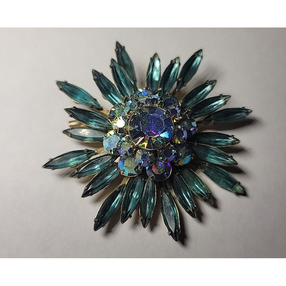 Vintage JUDY LEE Starburst Aquamarine Blue Green Brooch Pin